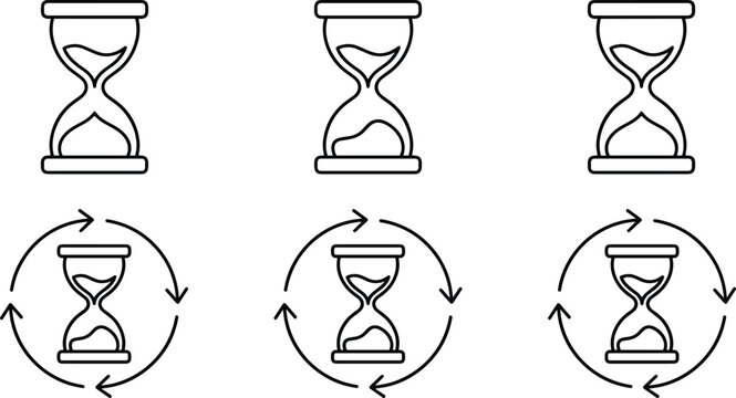 Black and white vector icons of hourglasses, time, and time loop symbols for time management, deadlines, and productivity design concepts.