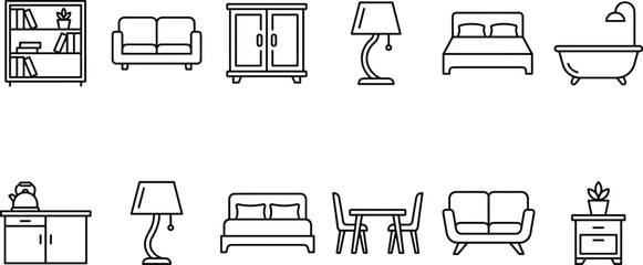Black and white vector icons of various home furniture items including sofas, lamps, cabinets, beds, and bookshelves for interior design and home decor concepts. © Lipi