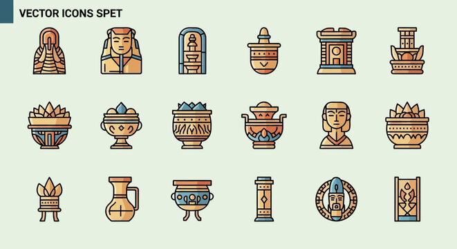 Ancient Egyptian Artifacts Icons Set: Pharaoh, Hieroglyphs, Vases, Statues