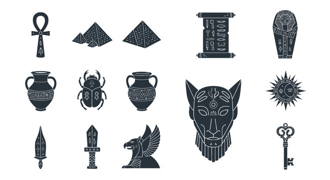 Ancient Egyptian Icons: Pyramids, Ankh, Scarab, Sphinx, Hieroglyphs, Sarcophagus