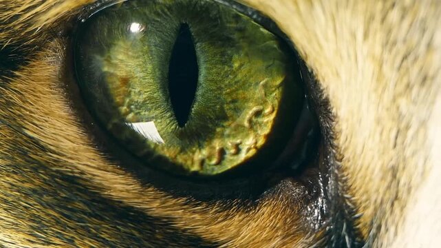Extreme macro close up of a green cat eye with vertical slit pupil blinking and looking at camera. Detailed feline iris.