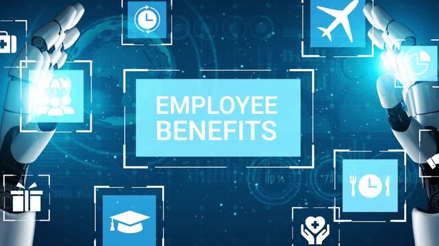 Futuristic Robot Hands Presenting Employee Benefits Concept with Icons of Services, Support, and Growth Opportunities on a Digital Background Gluon.