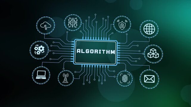  Advanced data algorithm and artificial intelligence processing concept with complex circuit neural network and digital technology icons.