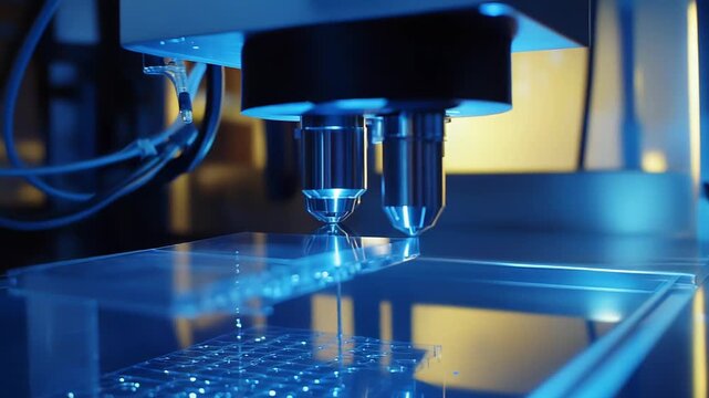 Automated laboratory equipment performing precise liquid dispensing into a microplate, enabling high throughput screening and scientific research in a specialized facility