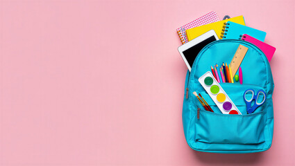 Naklejka premium Turquoise school bag loaded with study materials on a pink surface top down back to school