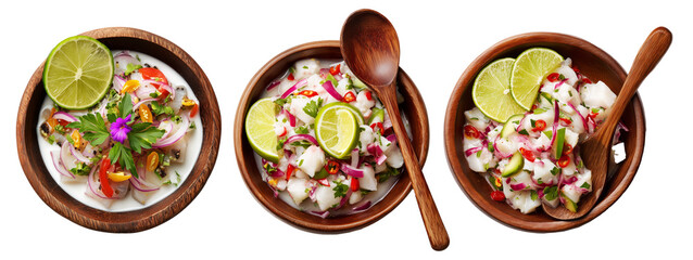 Obraz premium Kokoda seafood ceviche with lime and coconut milk served in wooden bowl isolated on white background, concept of Fijian cuisine