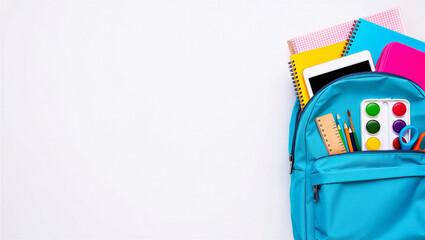 Open blue backpack filled with school supplies and stationery back to school white background © PG Studio