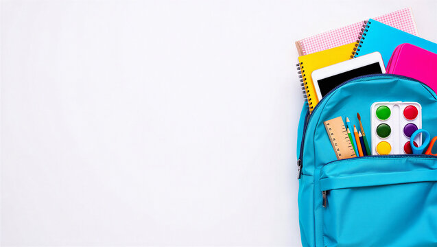 Open blue backpack filled with school supplies and stationery back to school white background
