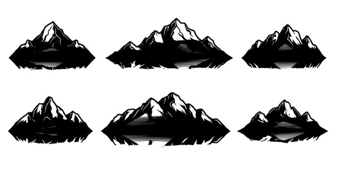 Mountains landscape icons set with rugged peaks, snowy summits, and dark rocky ground silhouettes for outdoor adventure design