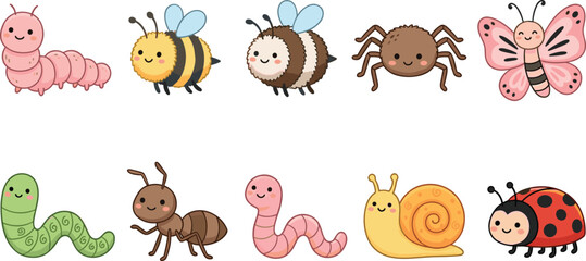 Adorable Insect and Bug Character Set Featuring Ladybugs, Worms, Bees, Snails, and Butterflies for Kids' Digital Illustrations © Sanjida
