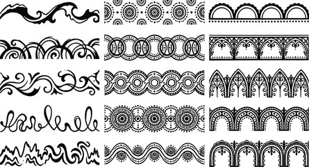 Collection of decorative black border patterns and ethnic ornamental dividers with swirls waves and floral elements isolated on white background © Shahidul