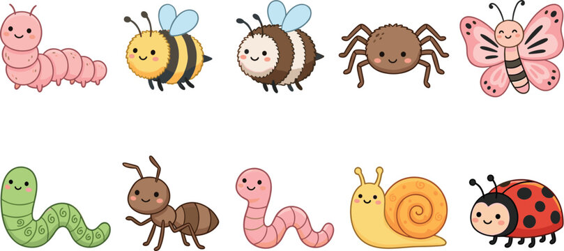 Adorable Insect and Bug Character Set Featuring Ladybugs, Worms, Bees, Snails, and Butterflies for Kids' Digital Illustrations