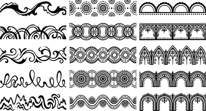 Collection of decorative black border patterns and ethnic ornamental dividers with swirls waves and floral elements isolated on white background
