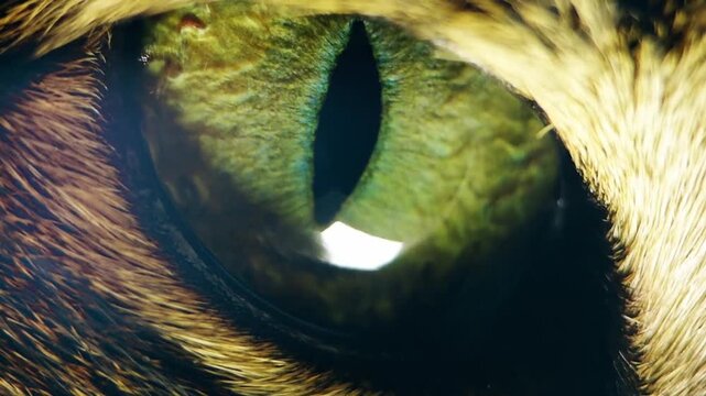 Extreme macro close up of a green cat eye with vertical slit pupil blinking and looking at camera. Detailed feline iris.