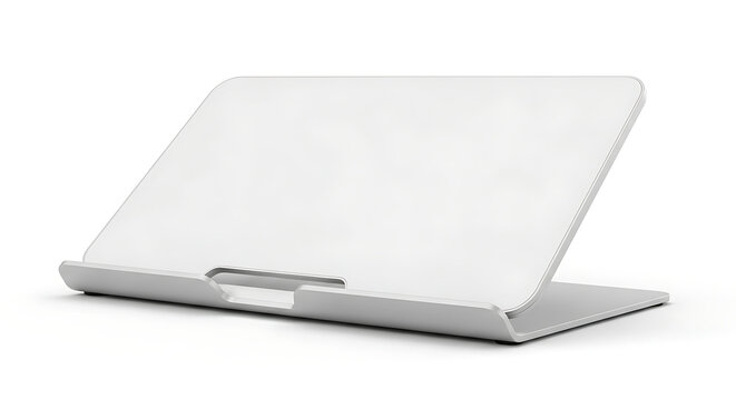 Isolated metallic laptop stand for ergonomic workstation, adjustable viewing angle, desk organization, office accessory