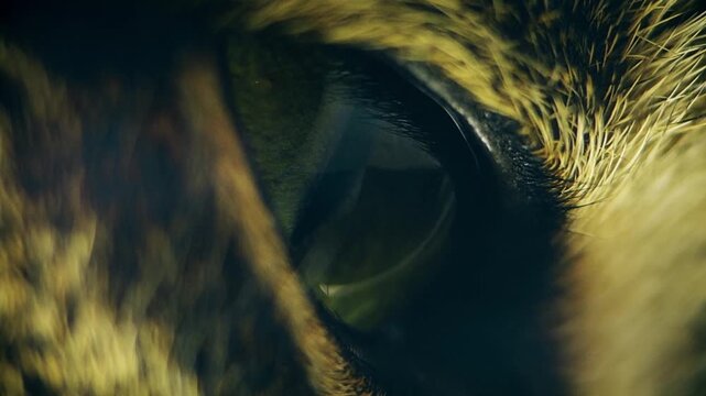 Extreme macro close up of a green cat eye with vertical slit pupil blinking and looking at camera. Detailed feline iris.