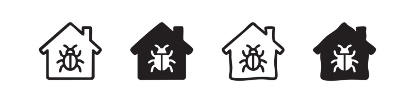 Home pest control and extermination icon in outline style, showing bug infestation in a house.