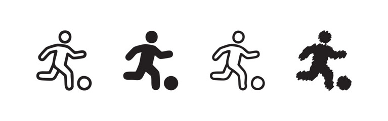 Person kicking soccer ball icons, representing football sport, game, activity, and athleticism. © liubomir118809