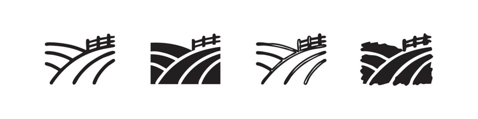 Vineyard or farmland landscape icons, rolling hills with fence illustration © liubomir118809