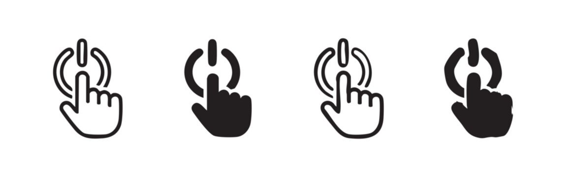 Finger pressing power button icons, representing on/off functionality, start, stop, and technology control.