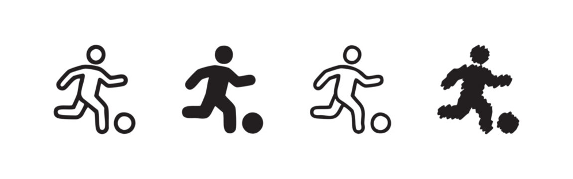 Person kicking soccer ball icons, representing football sport, game, activity, and athleticism.