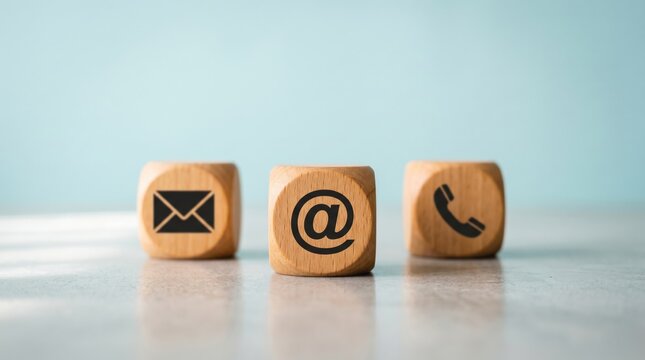 Contact Information Concepts: Three wooden dice displaying essential contact icons, symbolizing communication. A minimalist setup that is clean and visually appealing. 