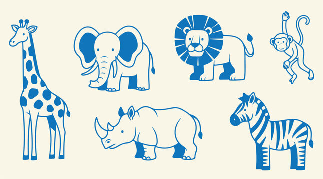 Collection of various safari animals, hand-drawn vector illustration, wild animal set.