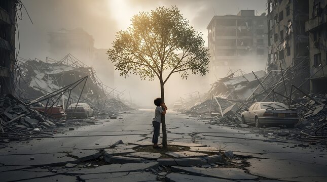 Hope springs eternal amidst the ruins a child embraces a lone tree as a symbol of resilience and a brighter future in a post-apocalyptic landscape
