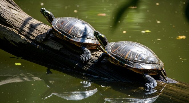 Two red eared sliders basking on a log in a freshwater habitat