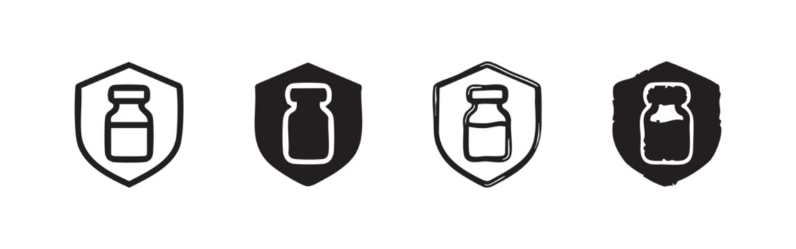 Vaccine Vial in Shield Icon Set - Immunity, Medical Protection, and Healthcare Security Symbols