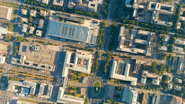 Rome, Italy. Piazza Guglielmo Marconi. District EUR - Quarter is a vast complex of buildings built on the orders of dictator Benito Mussolini. Drone footage, HEAD OVER SHOT