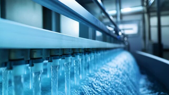 Water flowing continuously from multiple pipes creating a gentle cascade and splashing into a basin, forming clear ripples in a modern industrial purification facility for clean production