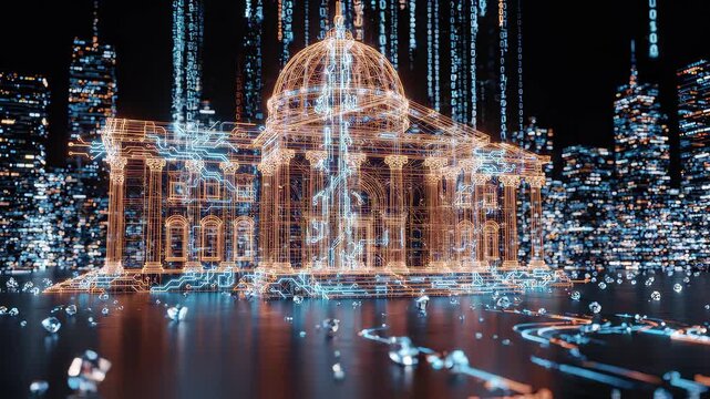 Digital wireframe of a classical bank building made of glowing circuitry with binary code falling in a night city background, concept for fintech innovation, digital banking and smart law