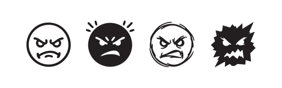 Angry Face Icons: Outline, Solid, Sketchy, and Distorted