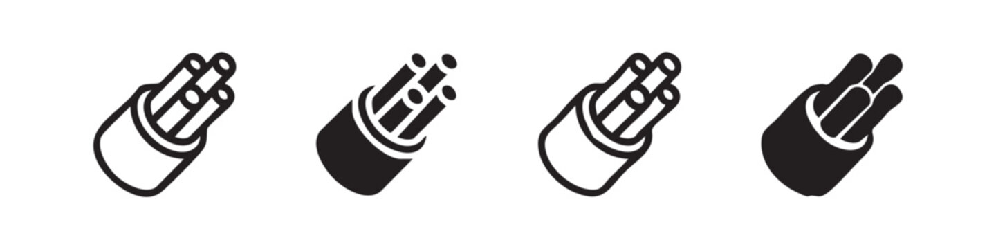 Fiber optic cable icons: cut end in outline and solid black variations
