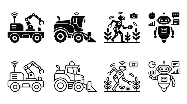 Set of smart farming and agriculture technology icons robotic machinery, automated harvesting, crop monitoring, and data analysis icons vector illustration