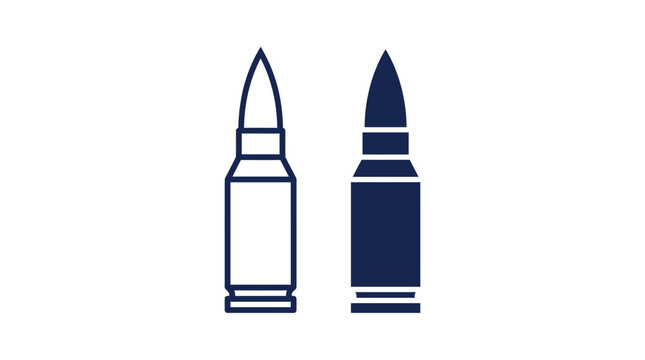 Two bullet icons: outline and solid fill with line art small arms ammunition projectile cartridge military shooting