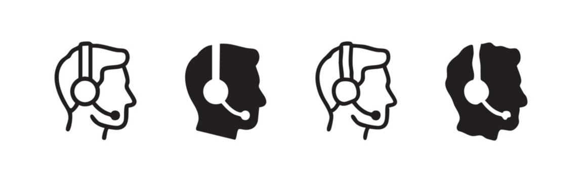 Headset icon: customer service representative profile, line art and silhouette