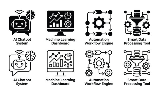 Set of technology and artificial intelligence icons including ai chatbot system, machine learning dashboard, automation workflow engine, and smart data processing tool