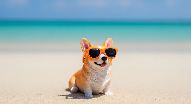 Corgi on beach vacation with trendy sunglasses