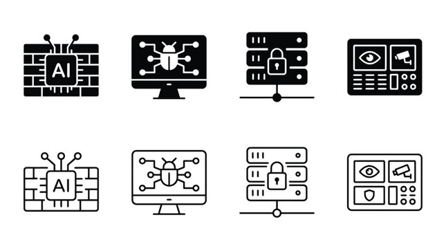 Cybersecurity and ai technology icon set features ai firewall, malware detection, secure server, and surveillance monitoring icons in solid and outline styles for web and app design