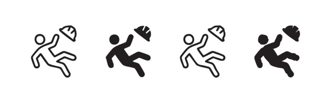 Falling Person Icon Set: Man Slipping and Dropping Hard Hat