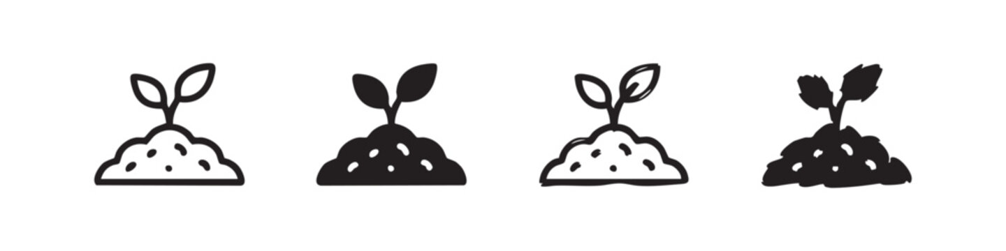 Sprout in soil icons in different styles, black and white