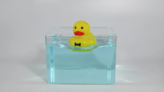 Person's hand dips cute rubber duck toy into clear blue water in square container.