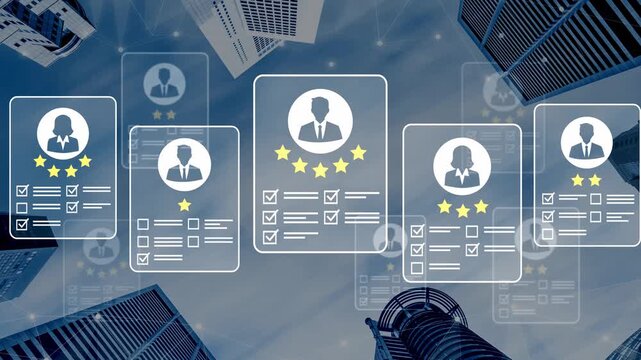 Professional profile cards with ratings against a backdrop of modern skyscrapers and abstract digital connections symbolizing business networking Gluon.