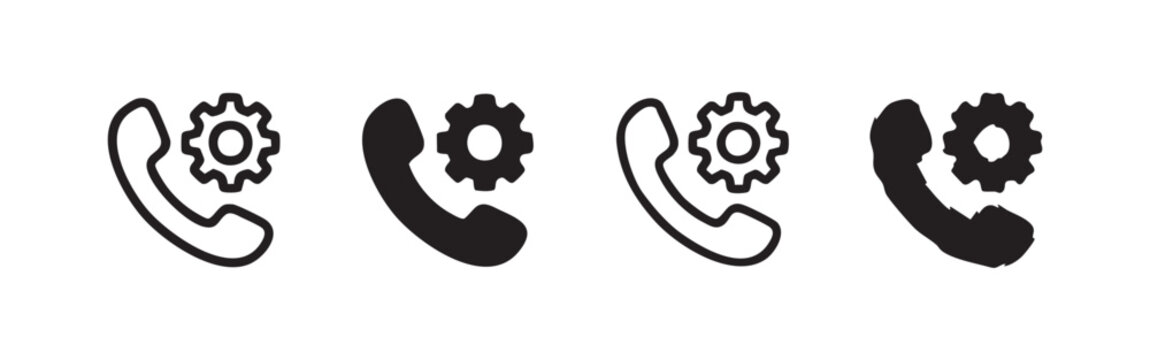 Phone and gear icons, silhouette and outline, black and white, vector graphics