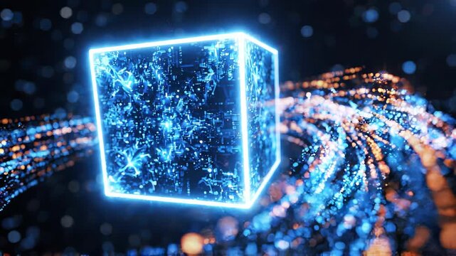 Glowing blue digital cube with swirling particle light trails on dark bokeh background, concept for blockchain technology, high speed data processing and artificial intelligence core infrastructure