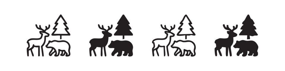 Obraz premium Set of forest animals icons: deer, bear, tree, line art and solid fill