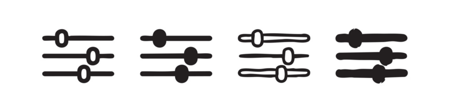 Set of slider control icons for settings and adjustment, line art and solid fill