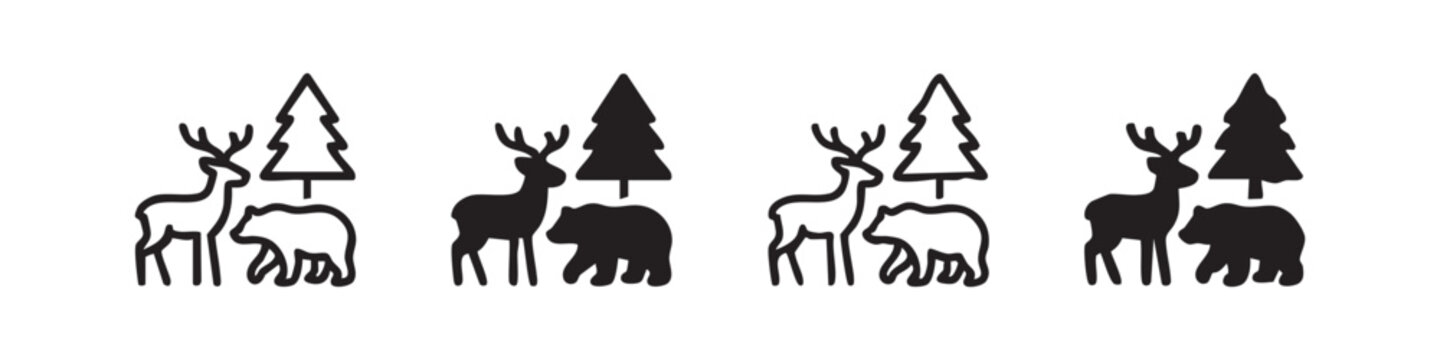 Set of forest animals icons: deer, bear, tree, line art and solid fill